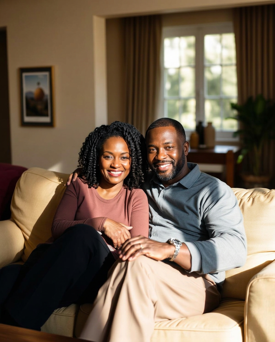 A middle-aged couple sitting close together on a sofa, smiling warmly